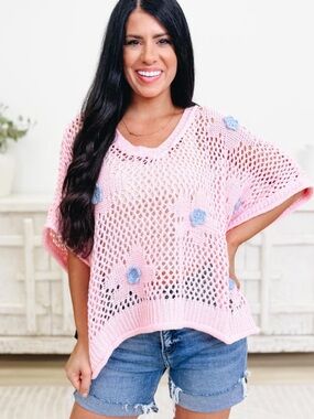 Pol Pink Crochet Floral Short-Sleeve Sweater Top